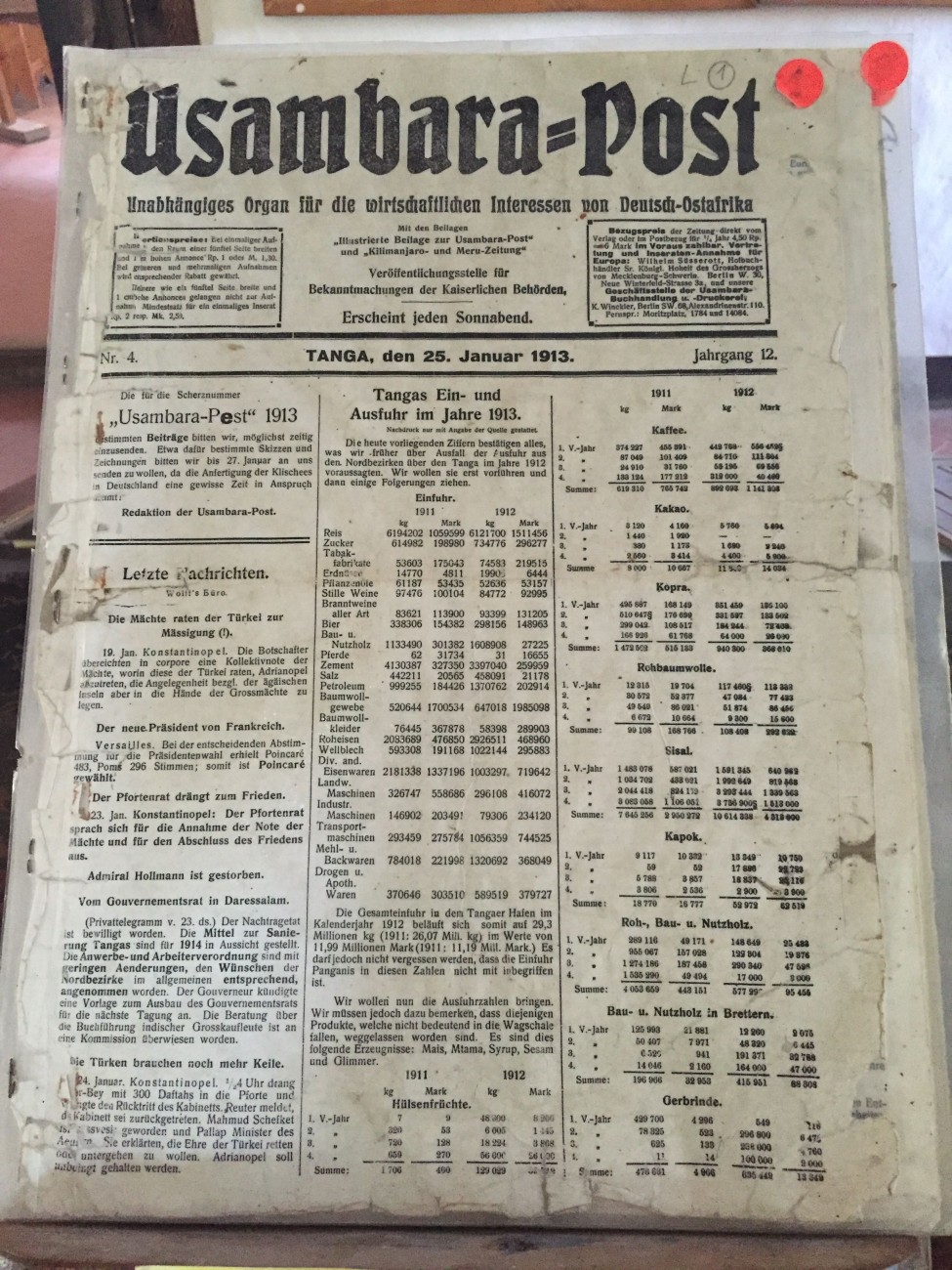 Das Wall Street von vor 100 Jahren: Die »Usambara Post« listet die Rohstoffpreise auf
