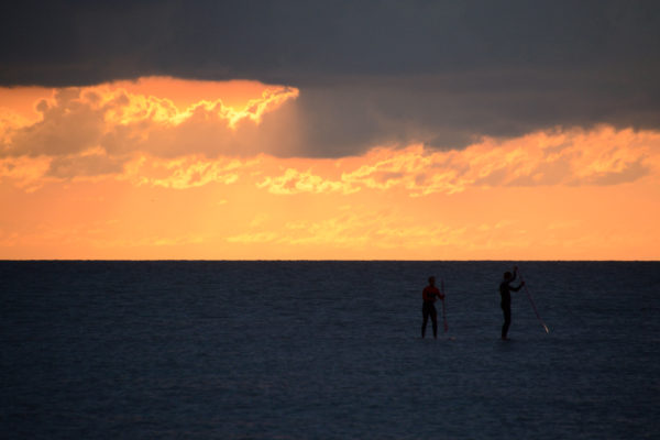 Stand-up-Paddler auf der Nordsee im Abendlicht
