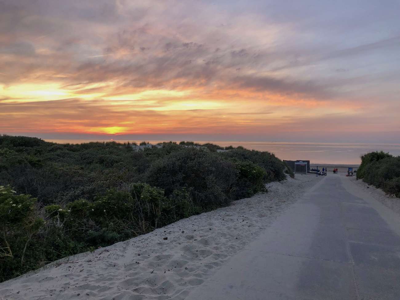 Die Dünen von Renesse beim Sonnenuntergang mit Strandpavillon