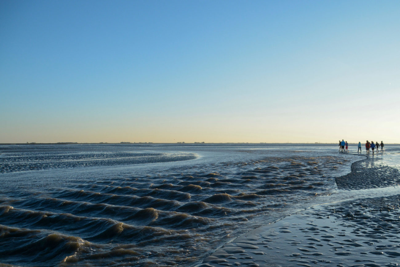 Tiefe Priele bilden unangenehme Überraschungen während einer Wattwanderung in der Nordsee