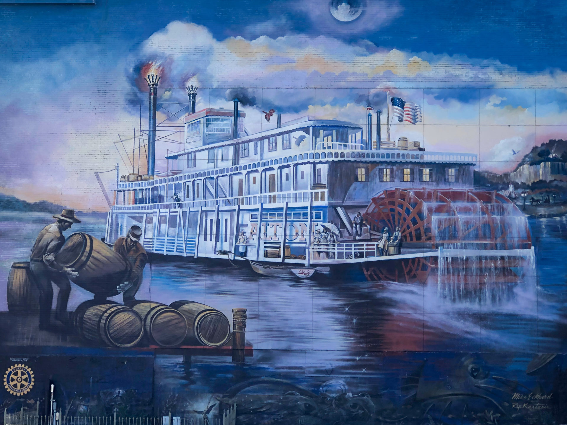 Wandgemälde oder Mural von Schaufelraddamofer in Alton am Mississippi