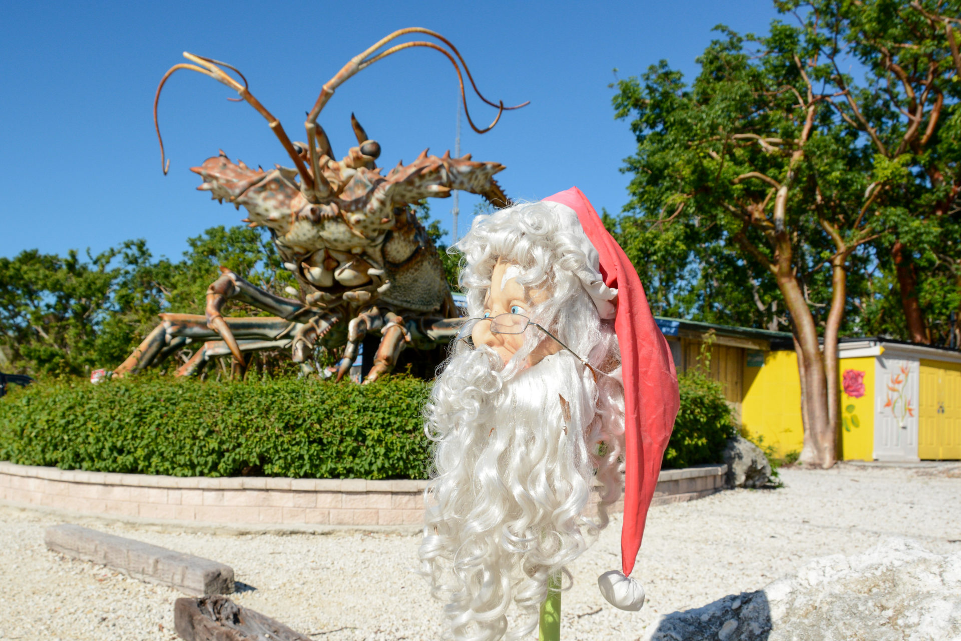 Weihnachtsmann vor Rieseninsekt auf den Florida Keys