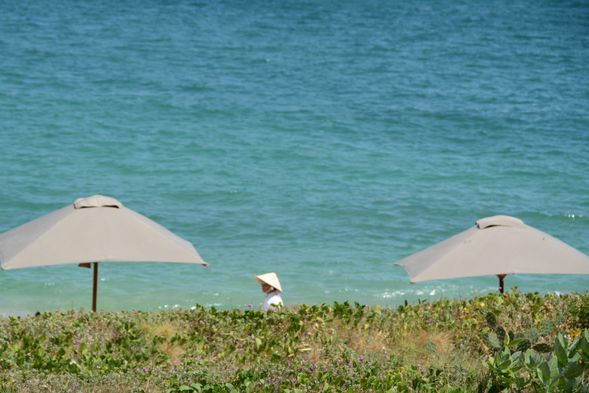 Vietnamesische Huttracht zwischen Sonnenschirmen im Luxushotel am Südchinesischen Meer