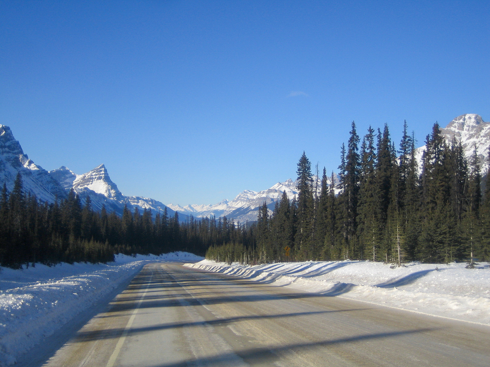 Wie ein einsamer Highway scheint der Jasper Parkway zwischen Jasper und Banff mit den schneebeckten Rocky Mountinas in Alberta
