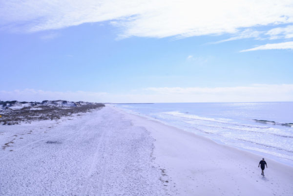 Der Strand von Shell Island bei Panama City Beach in Florida mit einsamem Spaziergänger