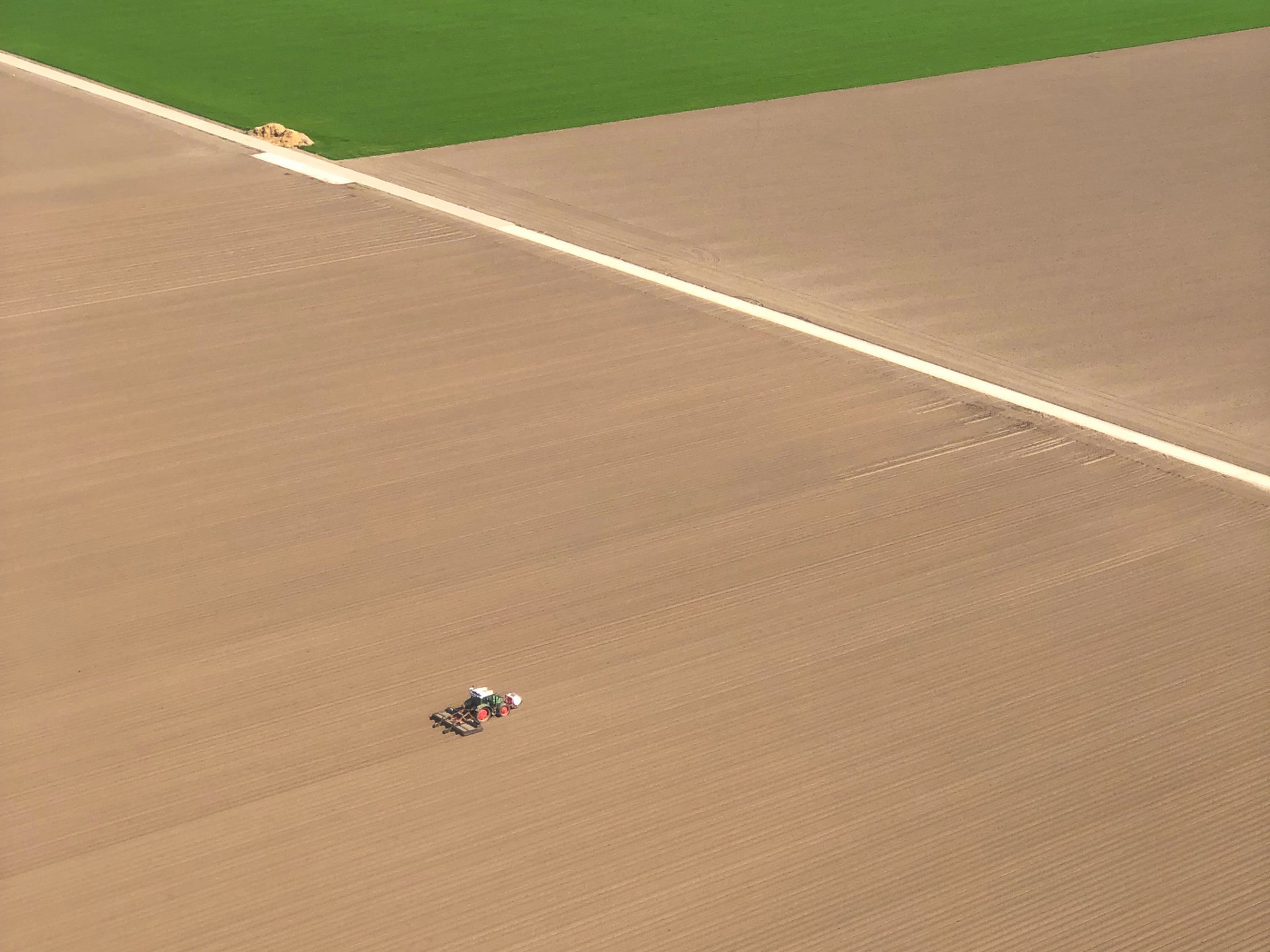 Traktor auf einem Feld auf der Insel Flevoland in den Niederlanden