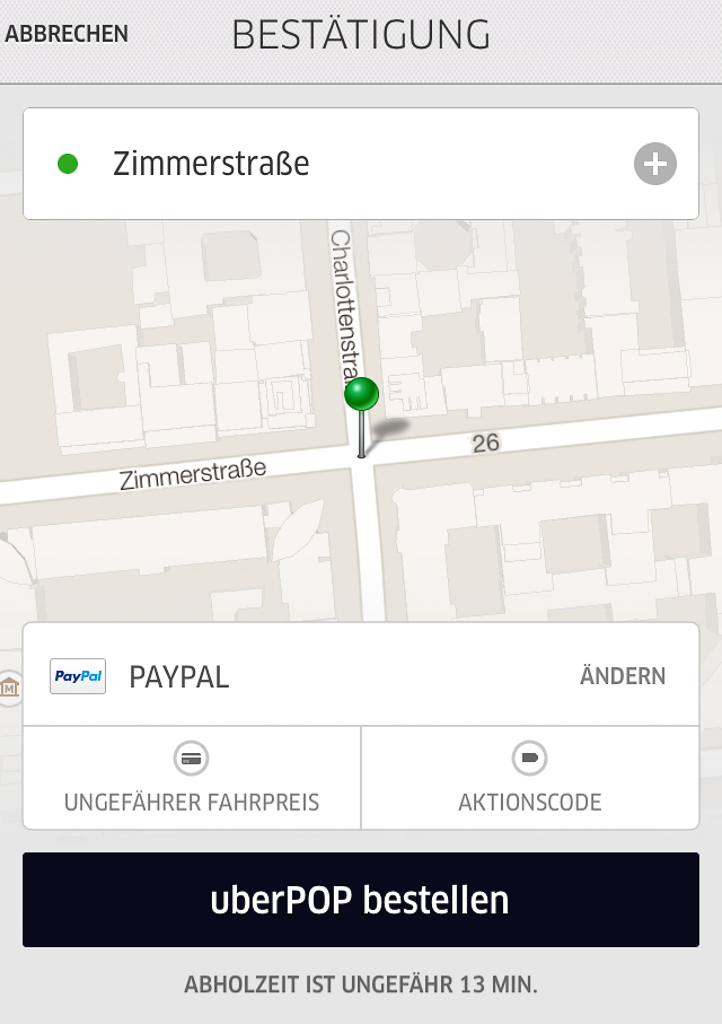 Kartenausschnitt aus der Uber-App