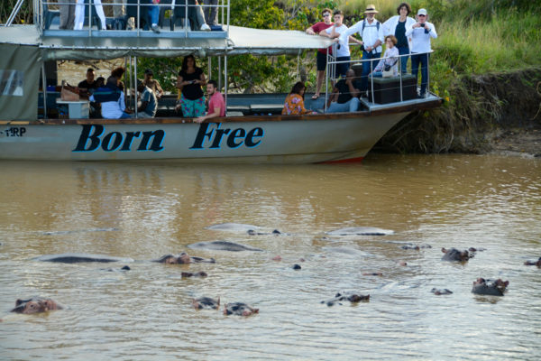 Passagiere auf Ausflugsboot Born Free bei der Flusspferdsafari in Südafrika