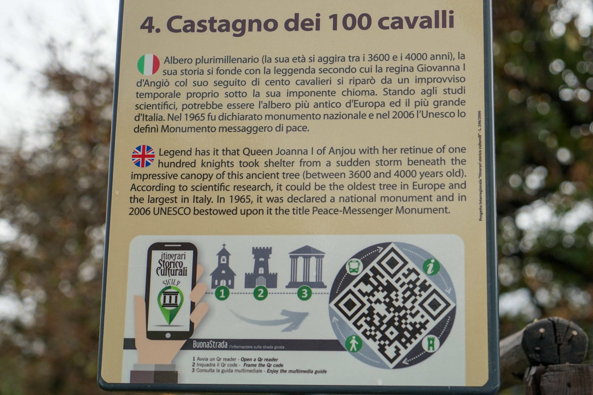 Hinweisschild für die Castagne des 100 Cavalle auf Sizilien