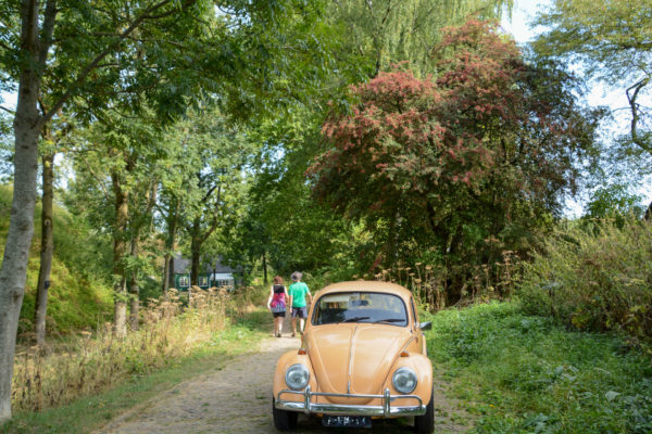 Gelber VW Käfer in der Nähe von Fort Everdingen in den Niederlanden