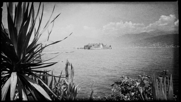 Fischerinsel im Lago Maggiore mit Palmen im Vordergrund und Bergen am Horizont