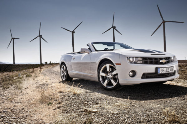 Der Chevrolet Camaro Convertible vor einer Reihe Windrädern