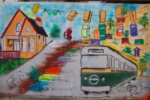 Wandgemälde in Valparaiso mit Häusern und Verkehrsmitteln
