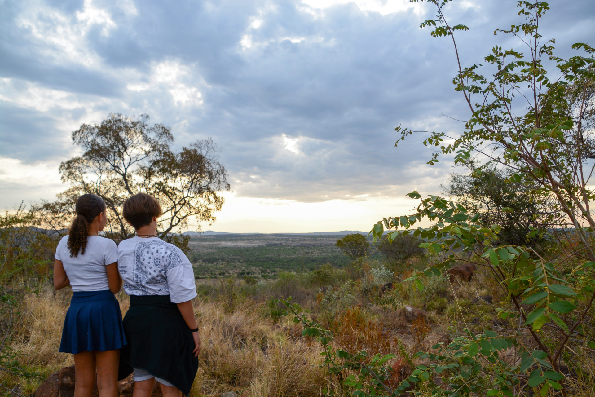Zwei Jugendliche schauen bei einer Safari im Norden Südafrikas von einer Anhöhe in die Ferne