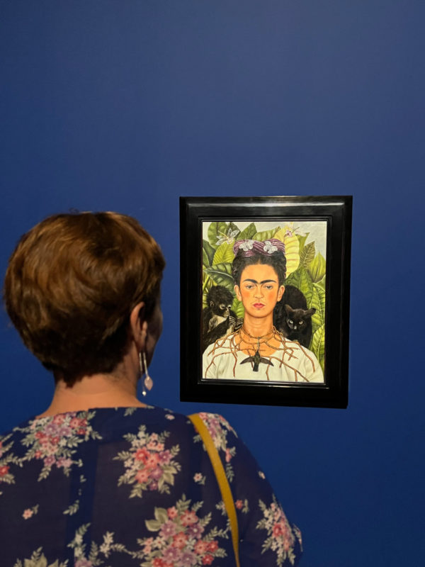 Junge Frau schaut sich in der Contemporary Art Foundation in Johannesburg ein Selbstporträt von Frida Kahlo an