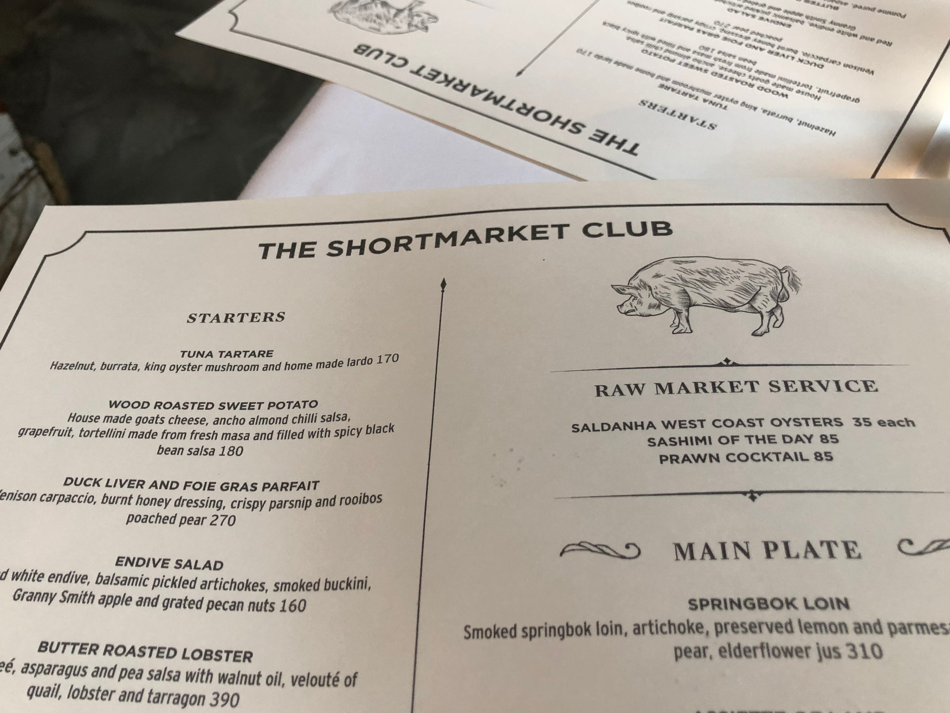 Speisekarte des Shortmarket Club, dem wohl besten Restaurant in Johannesburg