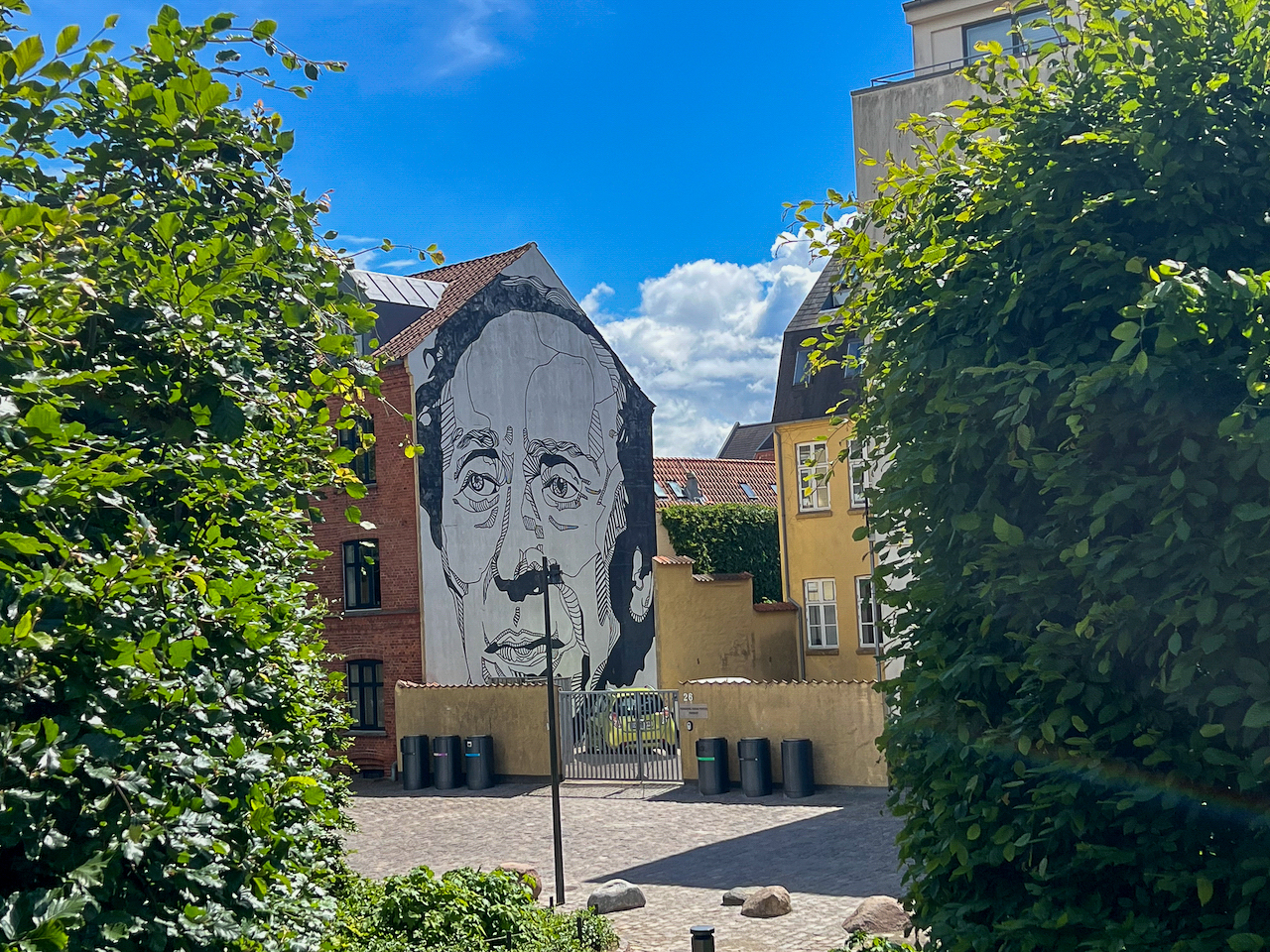 Street Art auf einer Hauswand in Odense mit dem Gesicht von Hans Christian Andersen