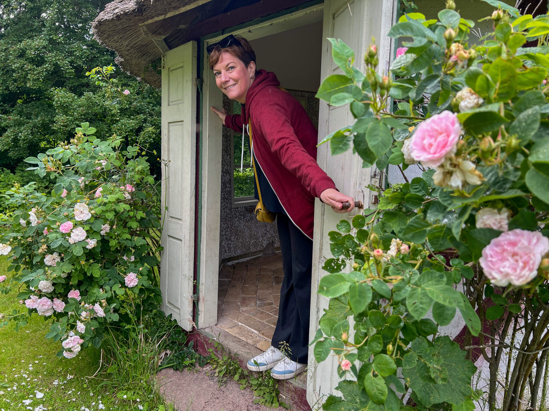 Gartenhaus mit Rosenranken im Freilichtmuseum Den Fynske Landsby in Odense