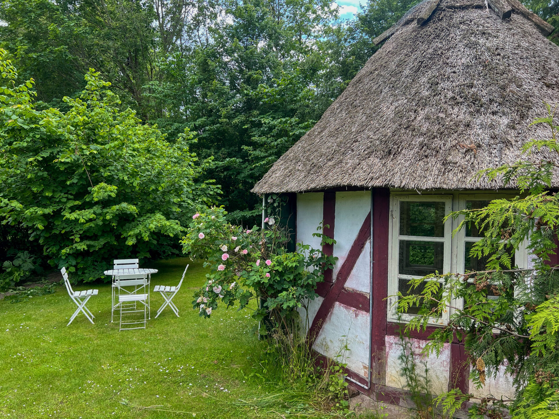 Idyllische Gartenhaus im Fachwerkstil mit vielen Rosen im Freilichtmuseum Den Fynske Landsby