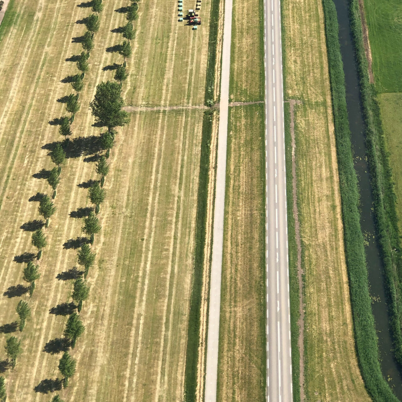 Laufaufnahme Baumreihen Radweg Straße und Kanal verlaufen parallel zueinander auf Flevoland