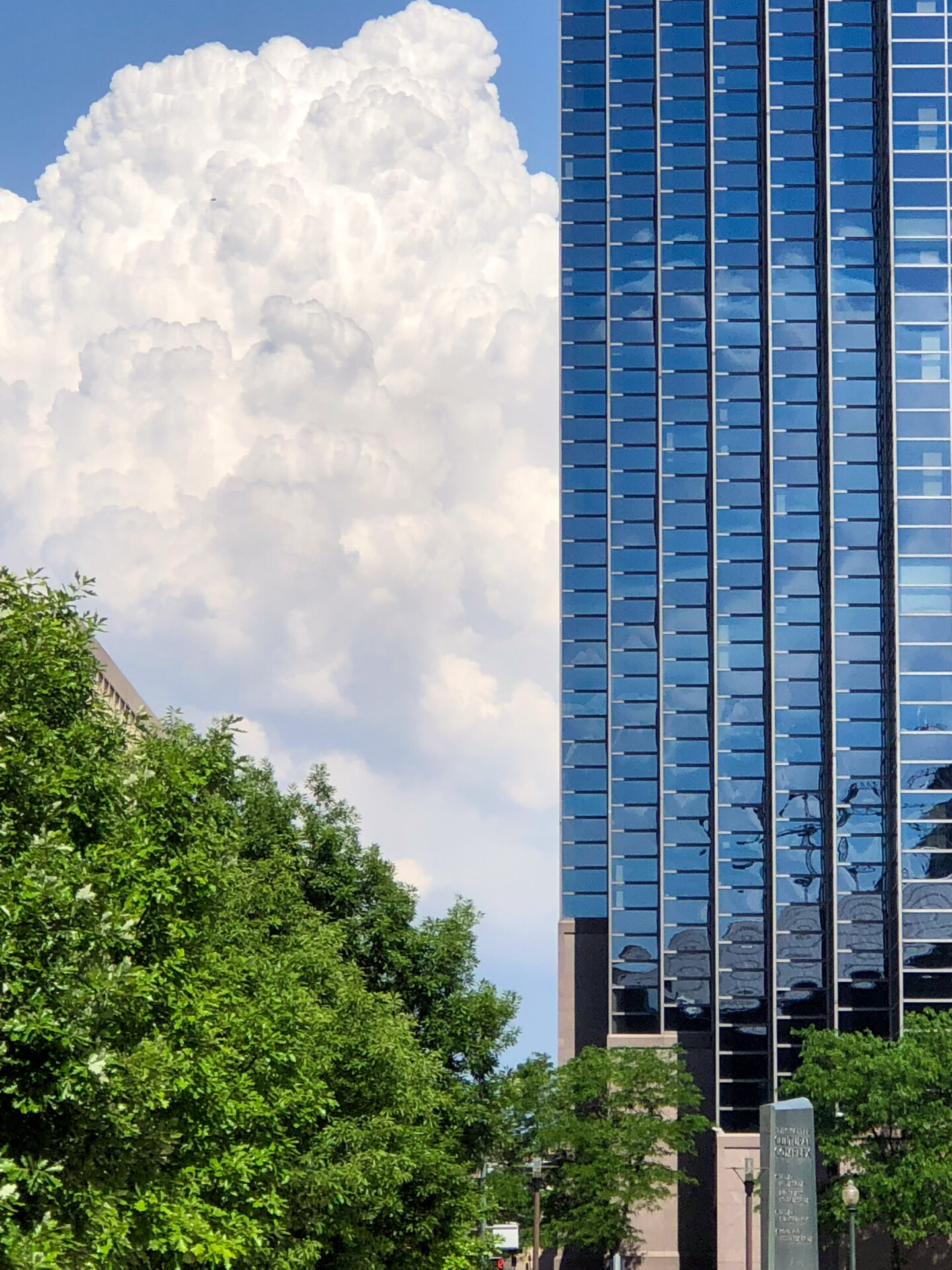 Wolkenkratzer mit Cumuluswolke und grünem Baum in Denver, Colorado