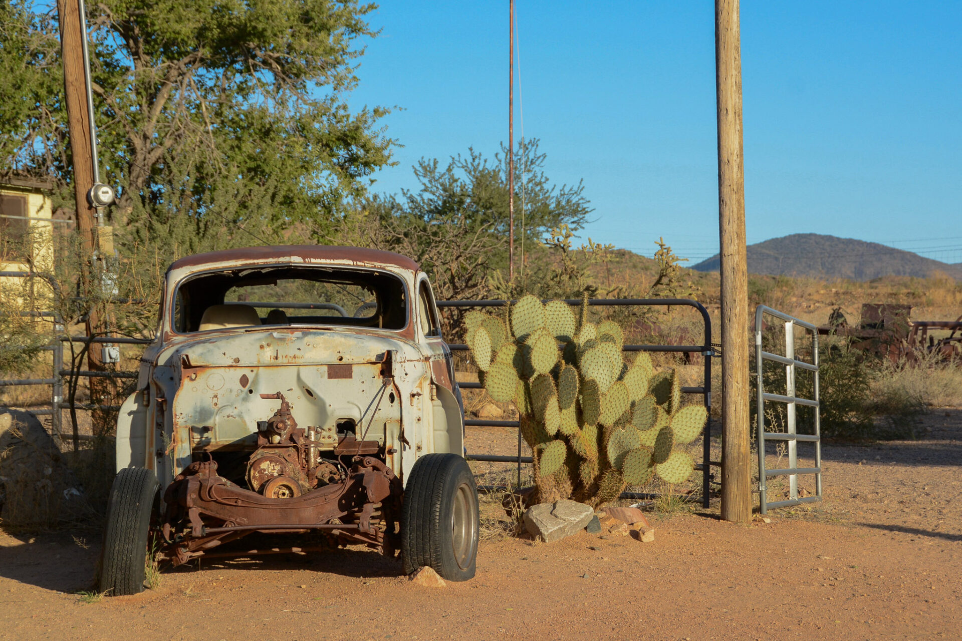 Rostiges Autowrack neben Kaktus in Arizona