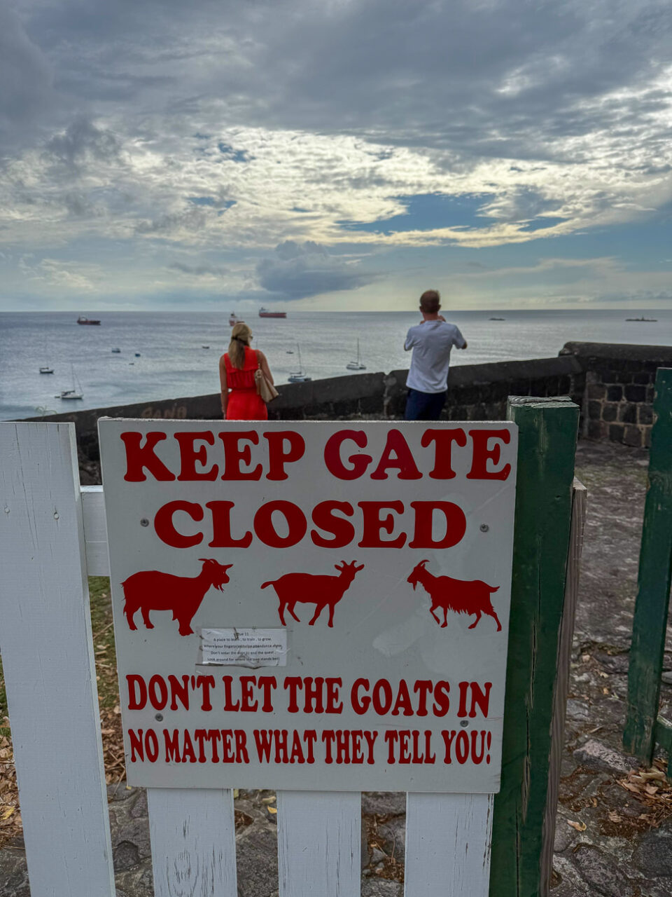 Ein Tor hält neugierige Ziegen von der Aussichtplattform bei Fort Oranje auf Sint Eustatius