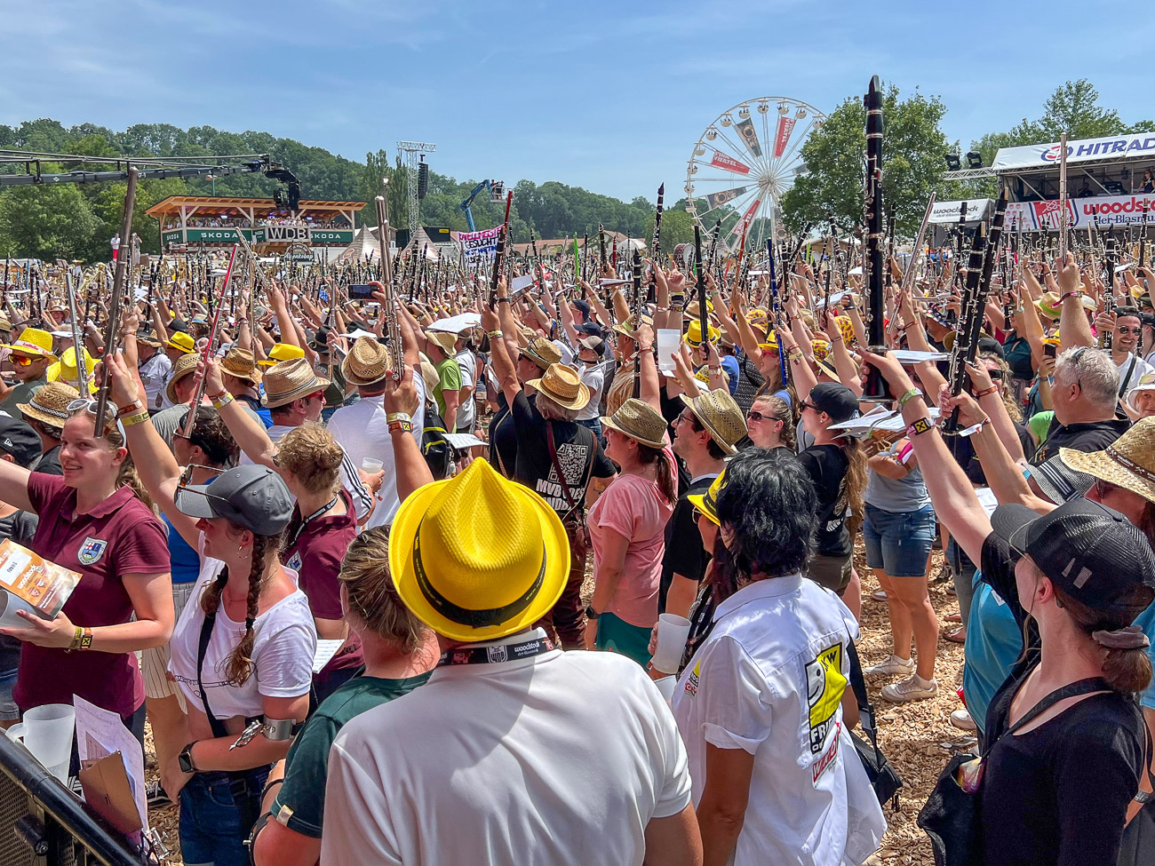 Klarinettisten halten bei einem Festival ihre Instrumente in die Höhe