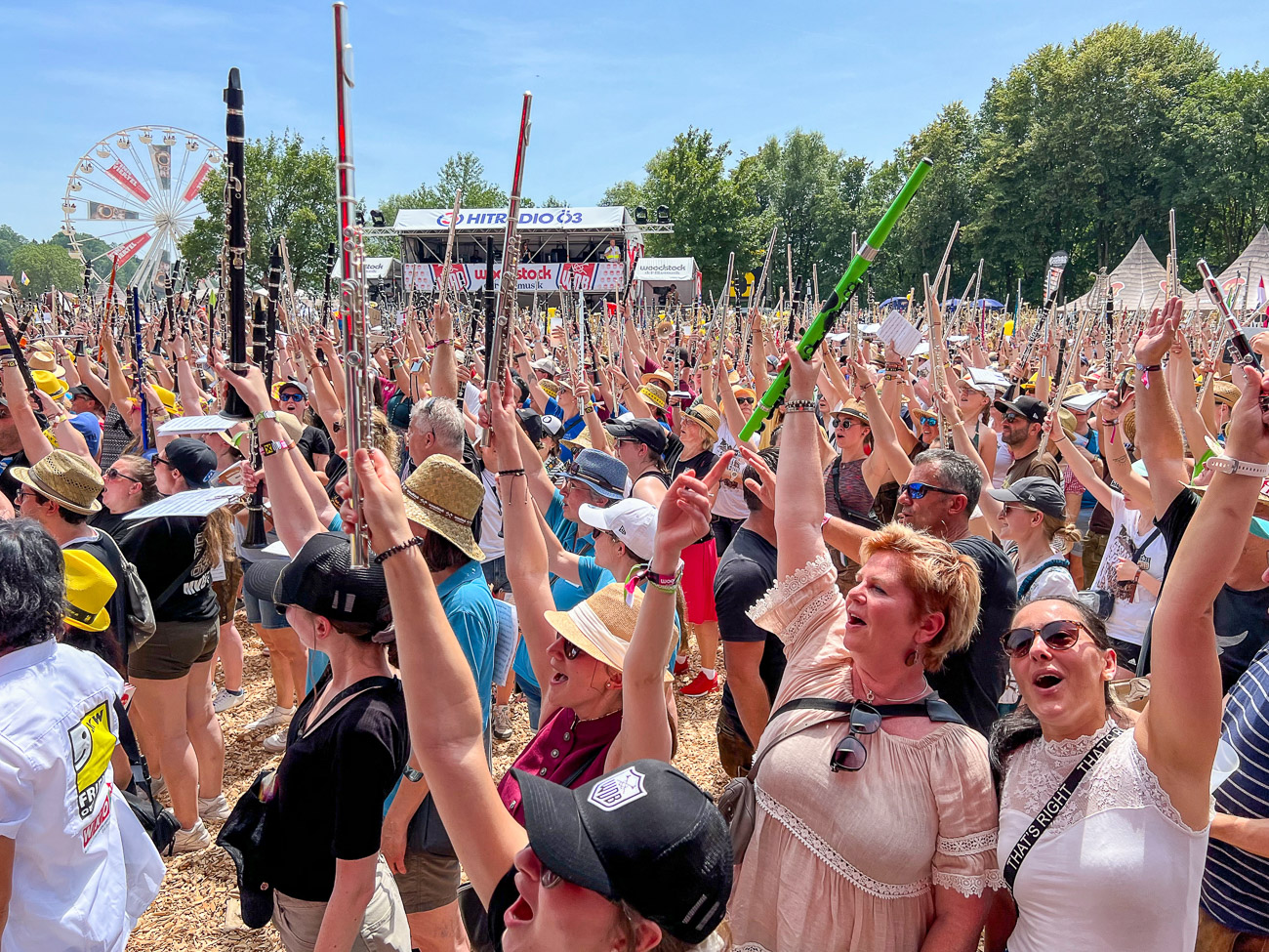 Tausende Musiker halten beim Woodstock der Blasmusik ihre Instrumente in die Luft