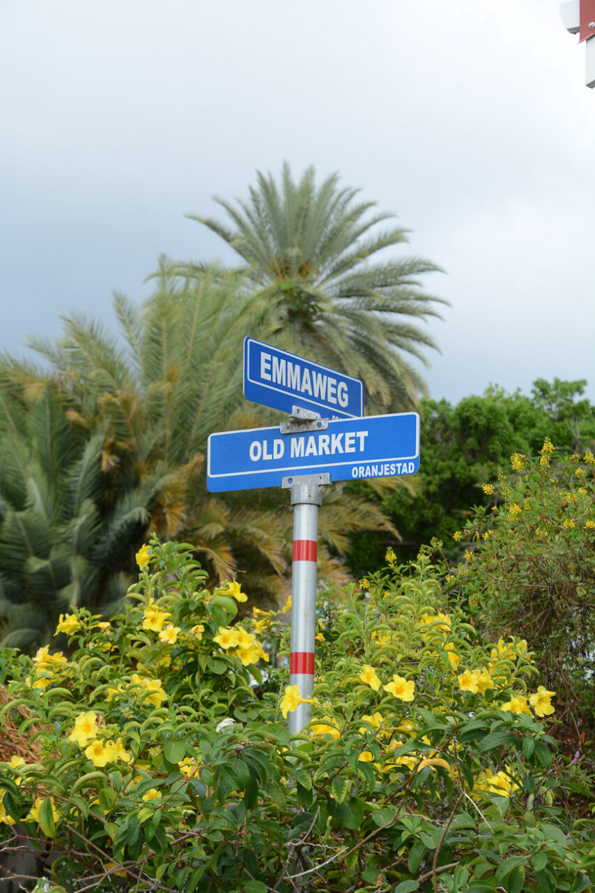 Kreuzung Emmaweg und Old Market mit Blumen und Palme in Oranjestad