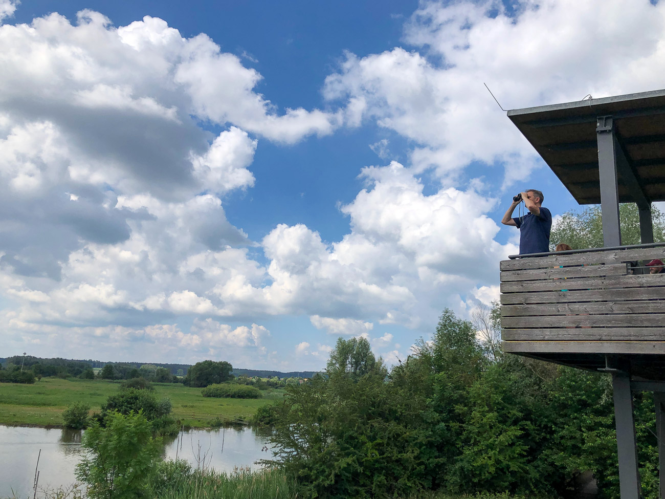Autor Ralf schaut durch ein Fernglas auf einem Aussichtspunkt im Naturschutzgebiet in Muhr am See