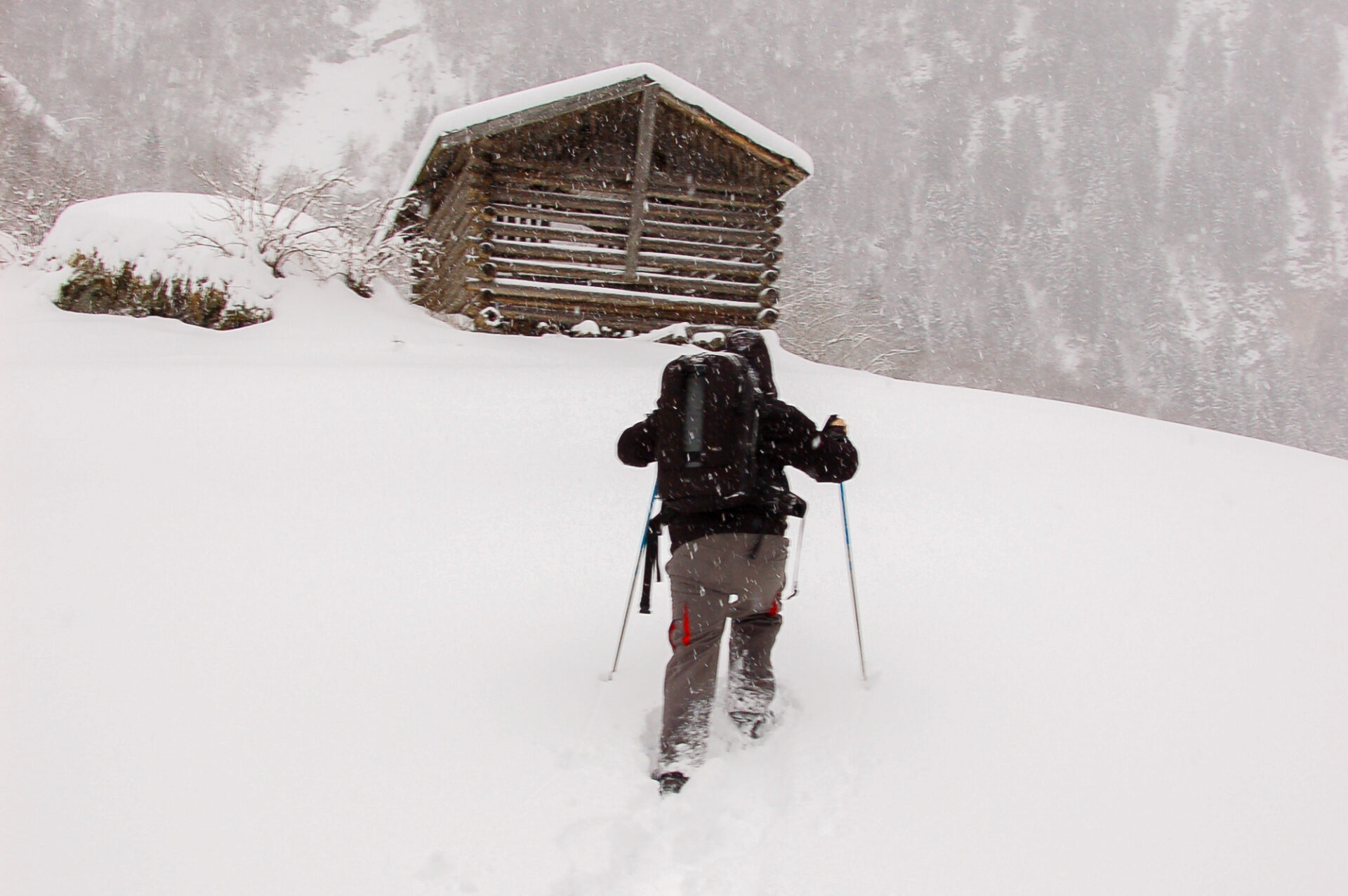 Einsamkeit ist kein Problem: Mann bei Schneeschuhwanderung in Gastein: